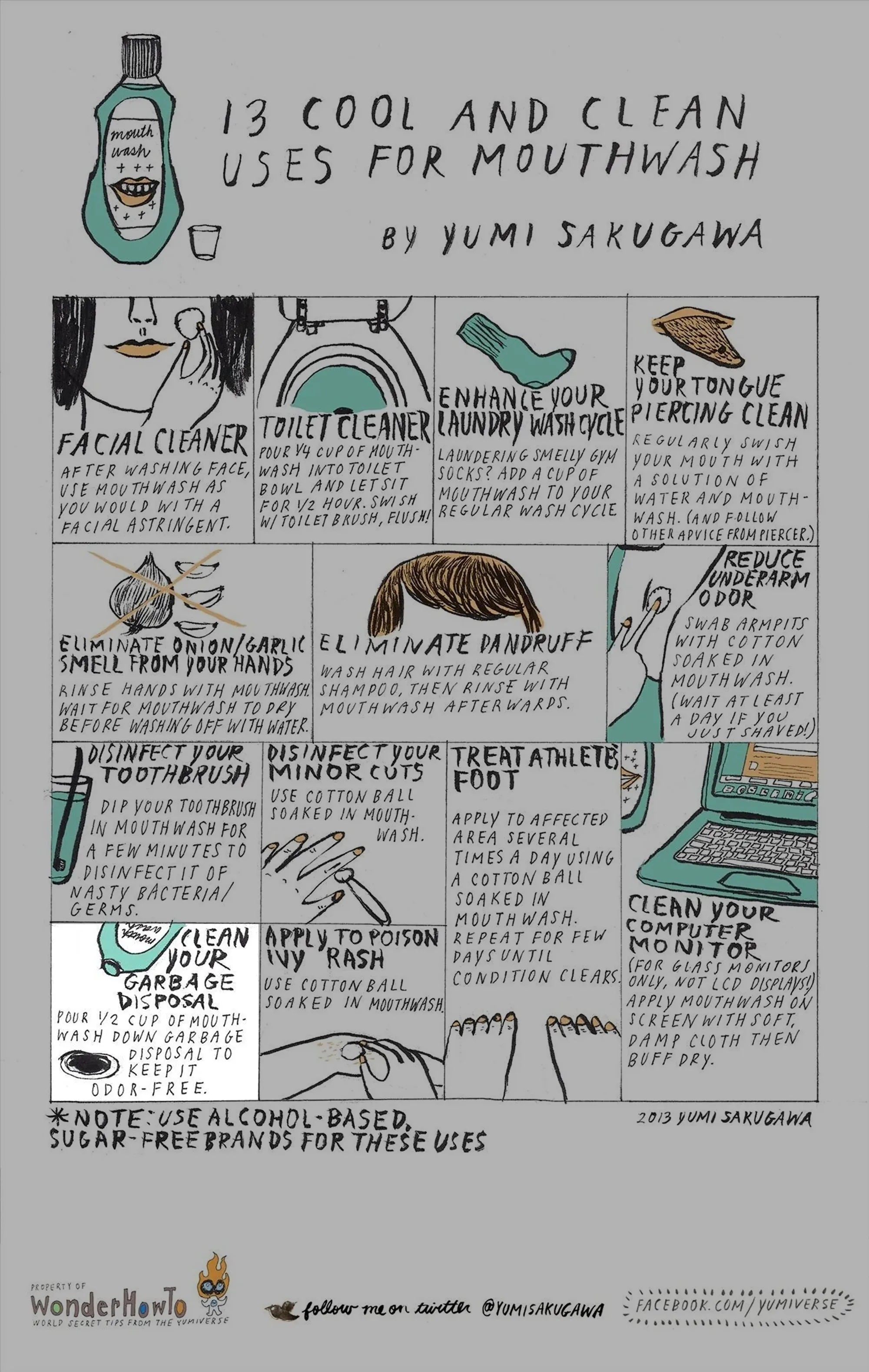 An hand-drawn illustrated infographic for "13 Cool and Clean Uses for Mouthwash" by Yumi Sakugawa in 2013, with the "Clean Your Garbage Disposal" section highlighted.