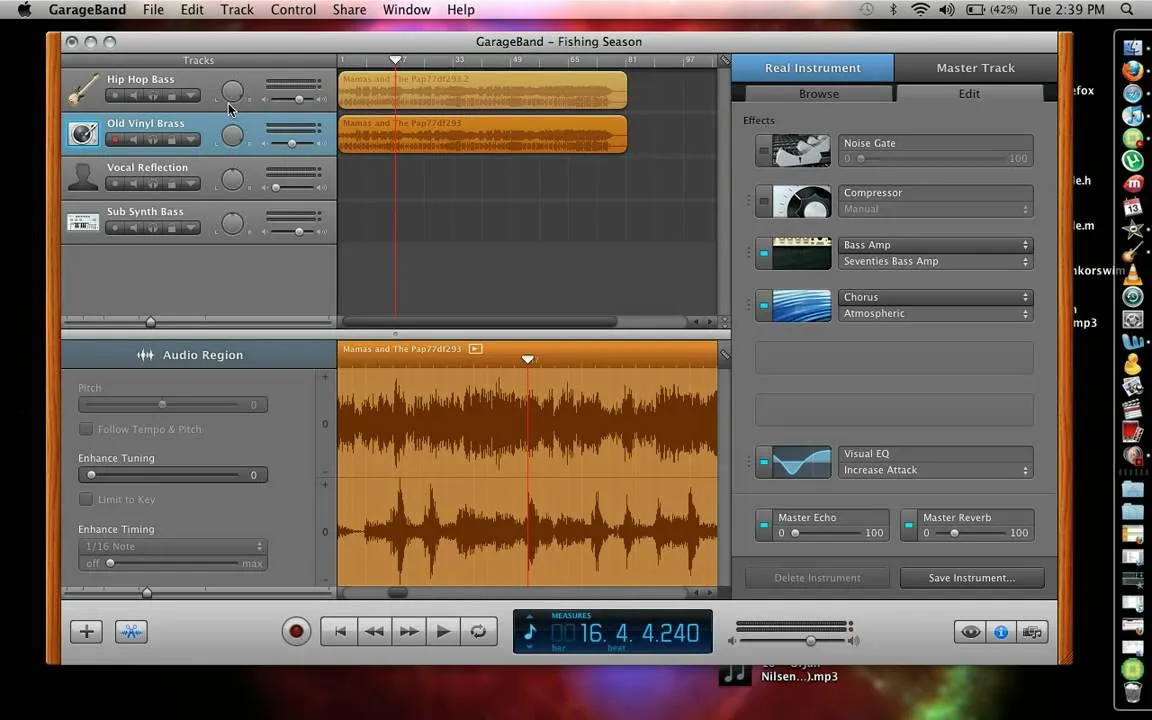 Audio editing software interface with waveforms and track settings.