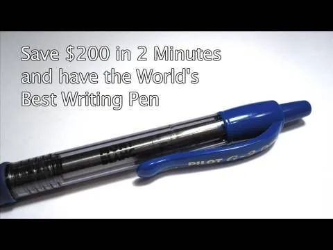 Blue pen with a promotional message about saving money and having the world's best writing pen.