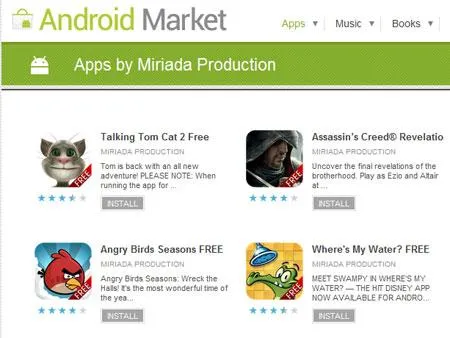Apps by Minada Production on Android Market, including Talking Tom Cat 2 Free, Assassin's Creed Recollection, Angry Birds Seasons Free, and Where's My Water? Free.