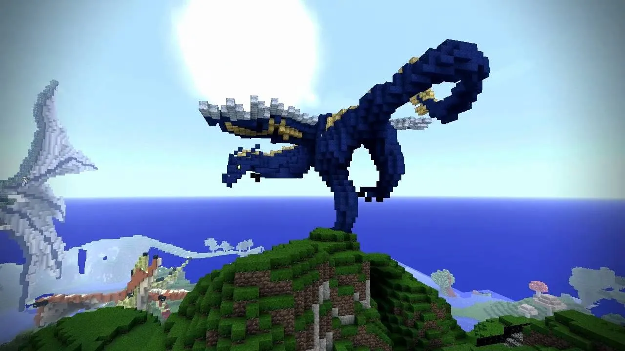 Dragon statue in a Minecraft landscape.