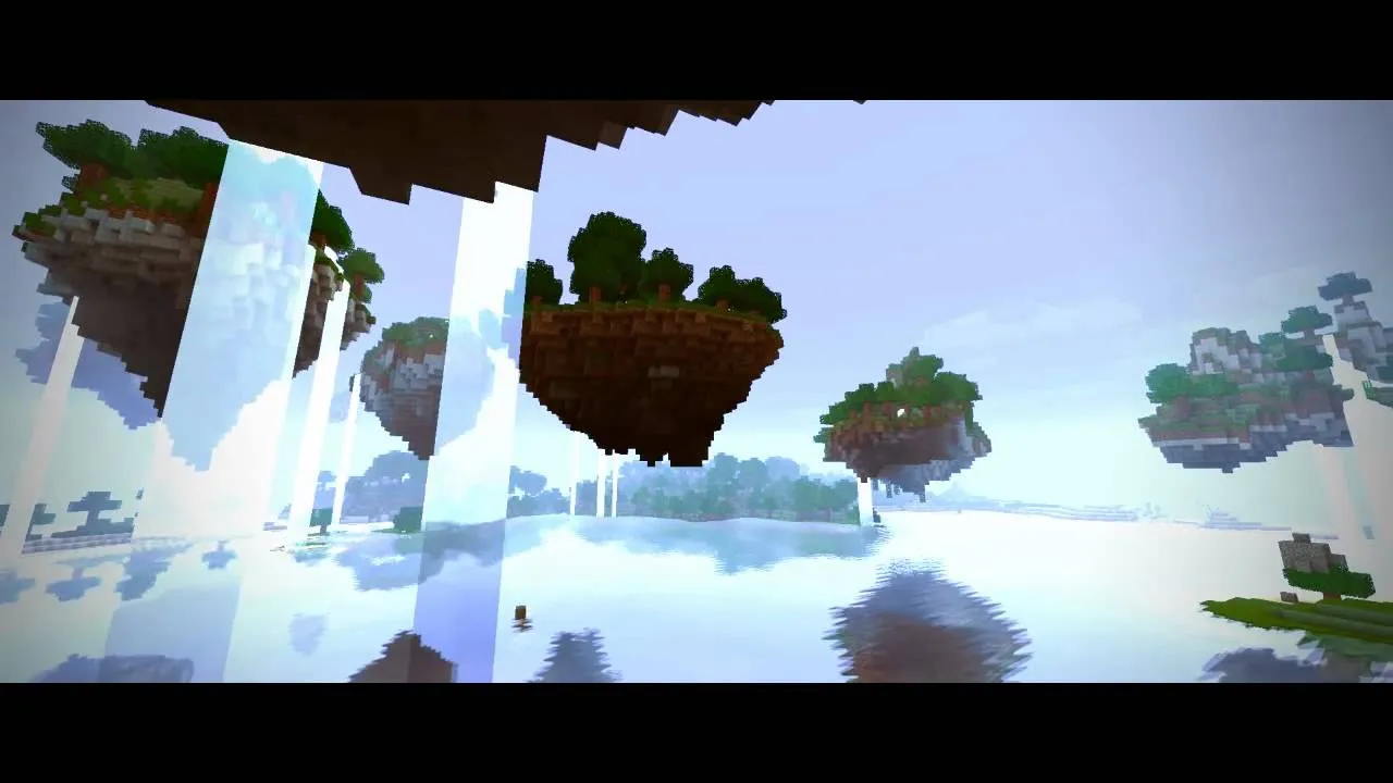 Floating islands in a serene landscape with waterfalls and clear reflections on water.