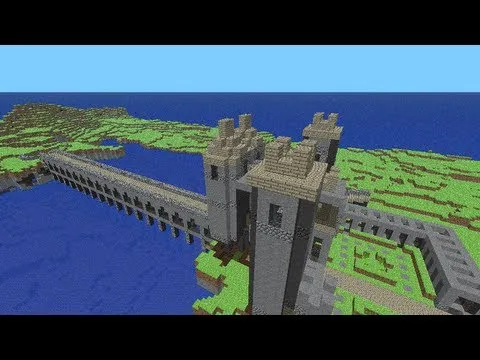 Minecraft representation of a castle bridge over water with surrounding landscape.
