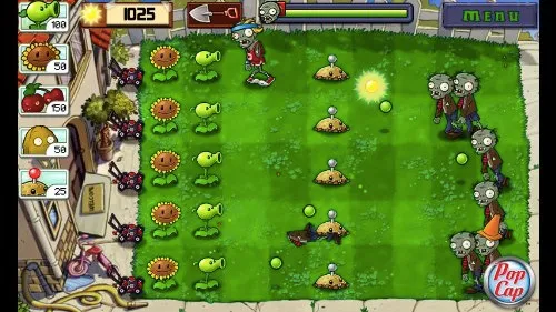 A screenshot of a garden strategy game featuring plants defending against zombies.