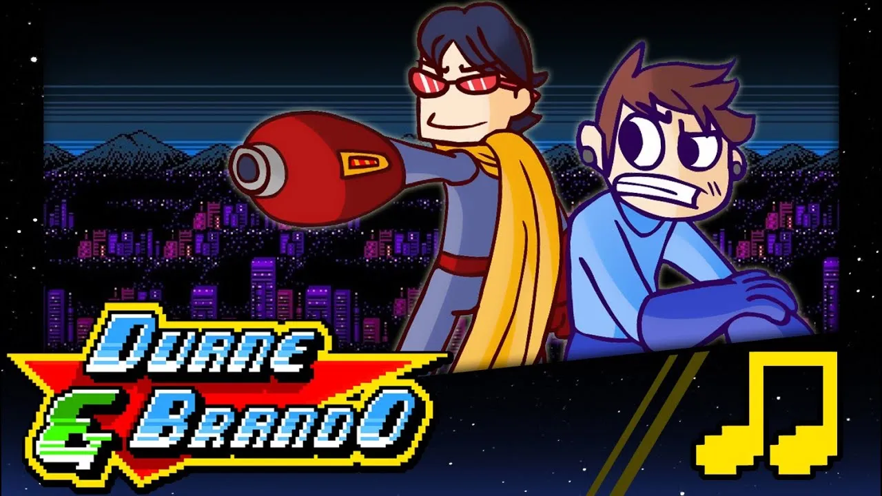 Duane and Brando as animated superheroes in a colorful cityscape.