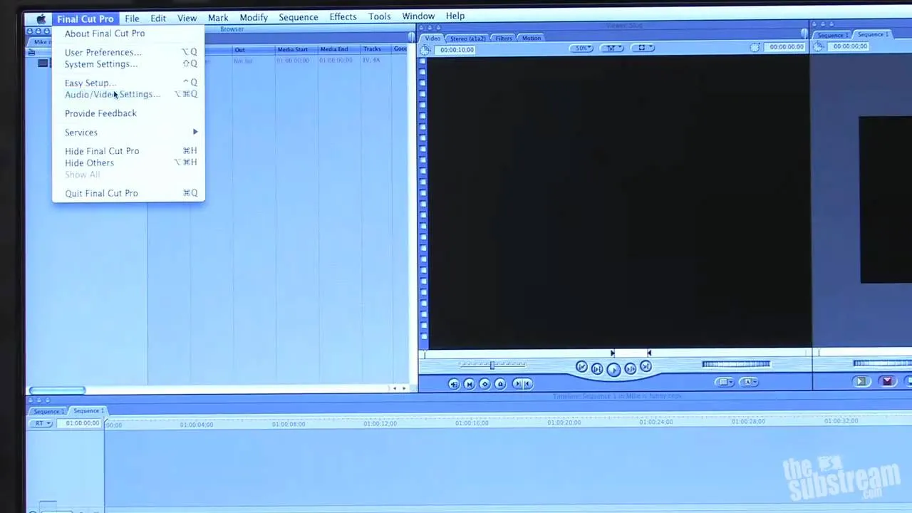 Video editing software interface with a blank project screen.
