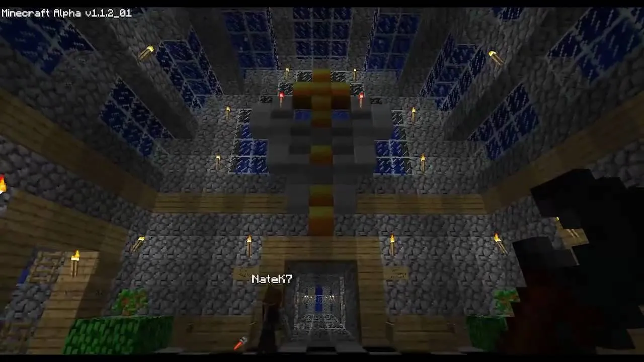 A detailed interior view of a medieval-style building in Minecraft, showcasing stone and wood textures with large windows.