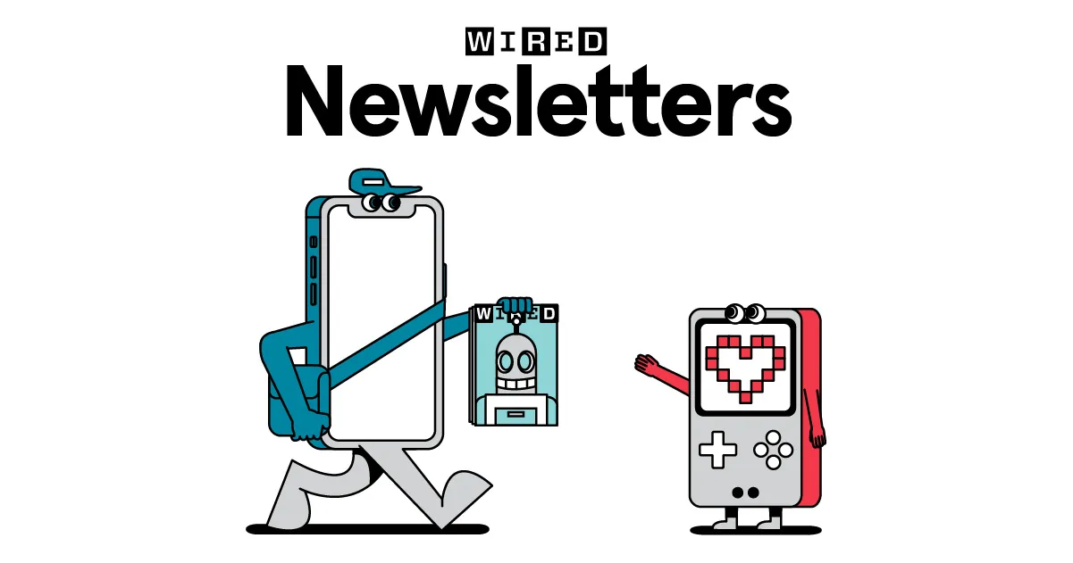 Illustration of two cartoon devices, one holding a newsletter and the other displaying a heart, representing the concept of tech and communication.