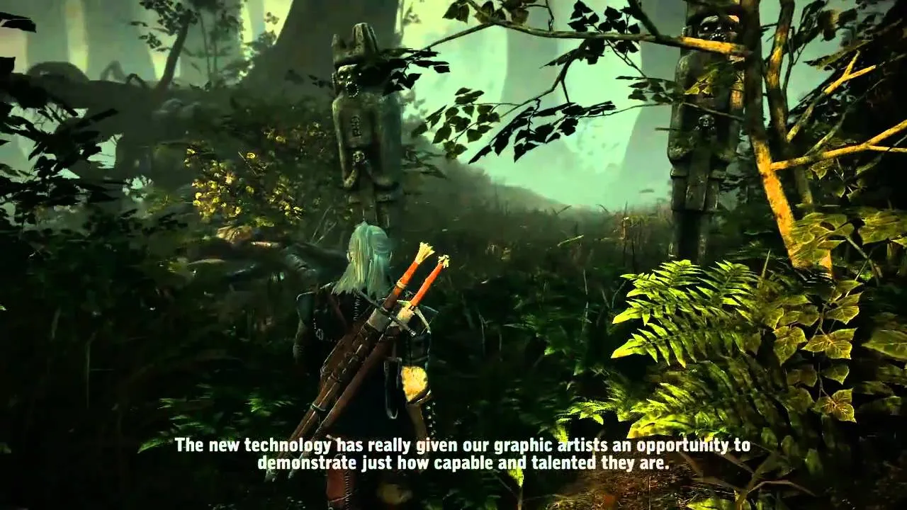 A character exploring a lush forest with statues in the background.