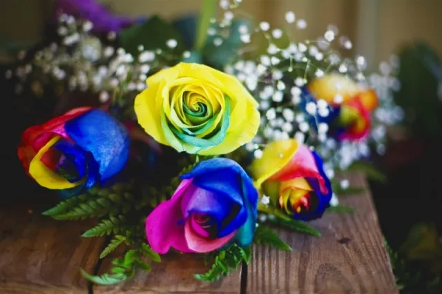 Colorful bouquet of roses with yellow, blue, and pink petals.