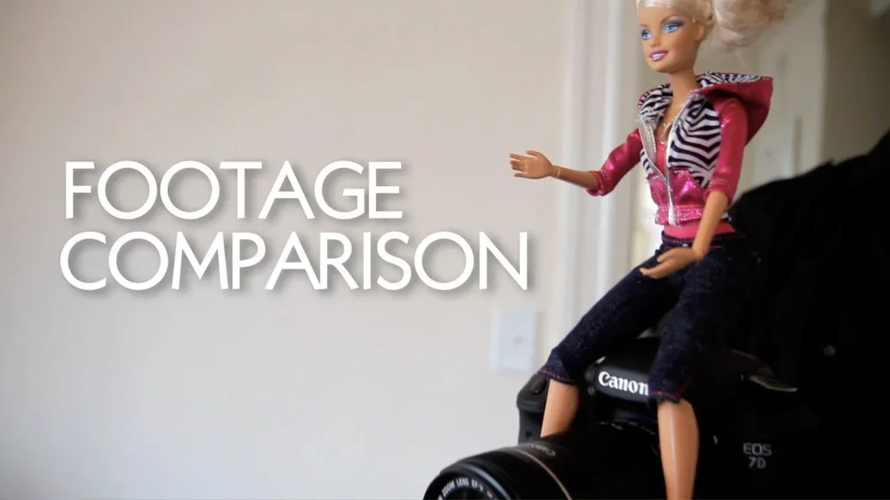 Barbie doll sitting on a camera with text "Footage Comparison"