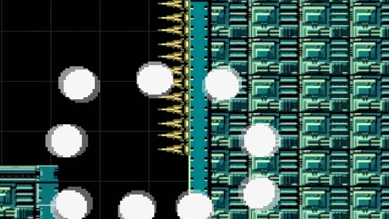 Video game level design with spikes and obstacles.