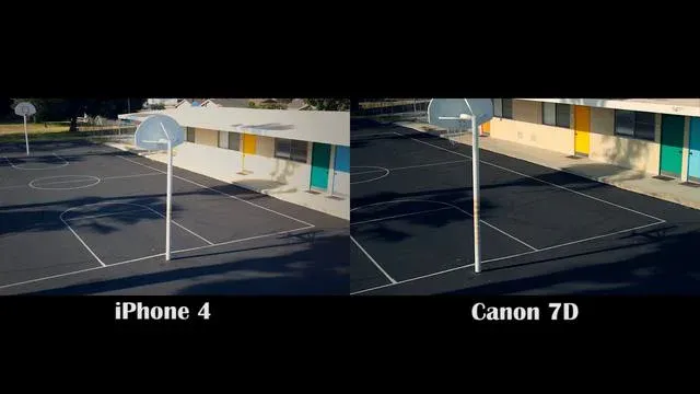 Comparison of image quality between iPhone 4 and Canon 7D on a basketball court.