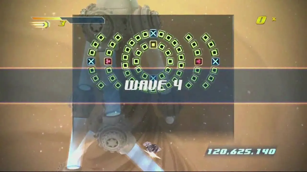 Game interface displaying "WAVE 4" with score and indicators.