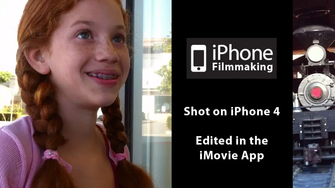 Girl smiling with braids, featuring text about iPhone filmmaking and editing in the iMovie app.