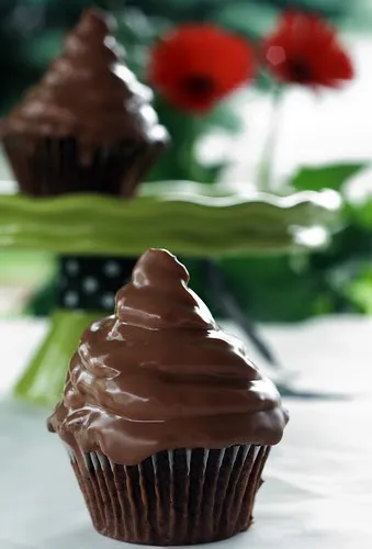 Chocolate cupcake with swirled frosting, garnished with red flowers in the background.