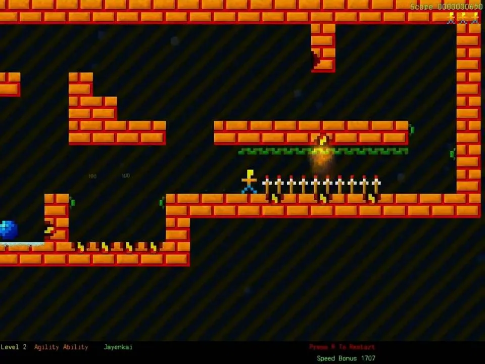 Retro video game level featuring a character navigating a brick-themed platform.