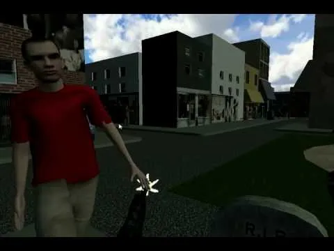 3D rendering of a street scene with a person walking in a red shirt.