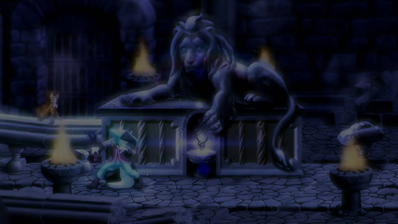 A mystical scene featuring a lion statue in a dark, atmospheric setting with flames and stone structures.