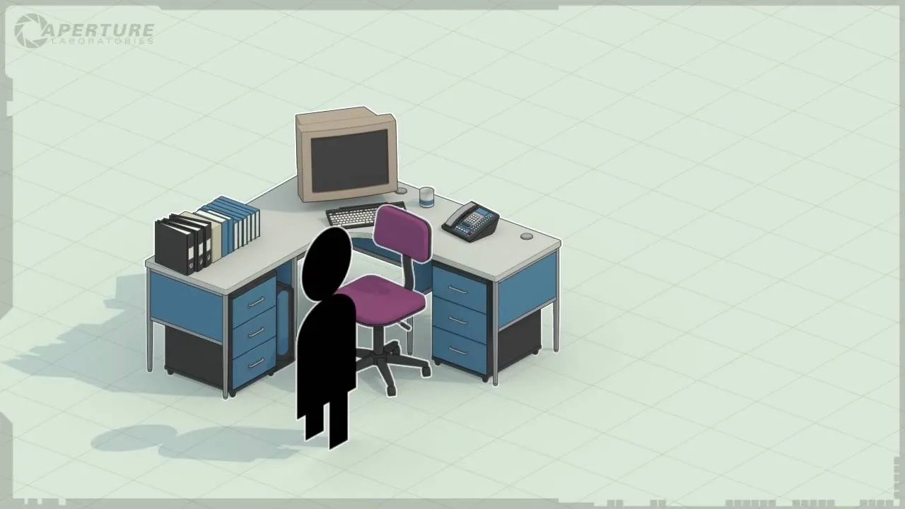 Minimalist illustration of an office workstation with a desk, computer, and chair.