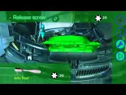 Diagram of a car engine highlighting the process to release a screw using a tool.