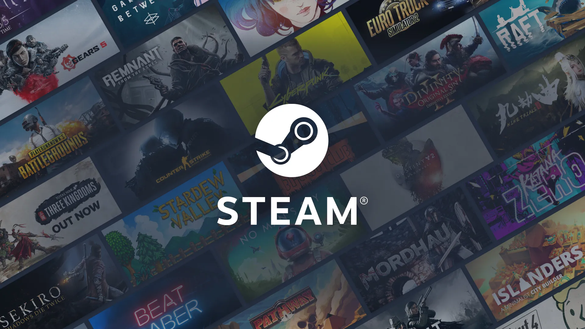 Steam logo with various game covers in the background.