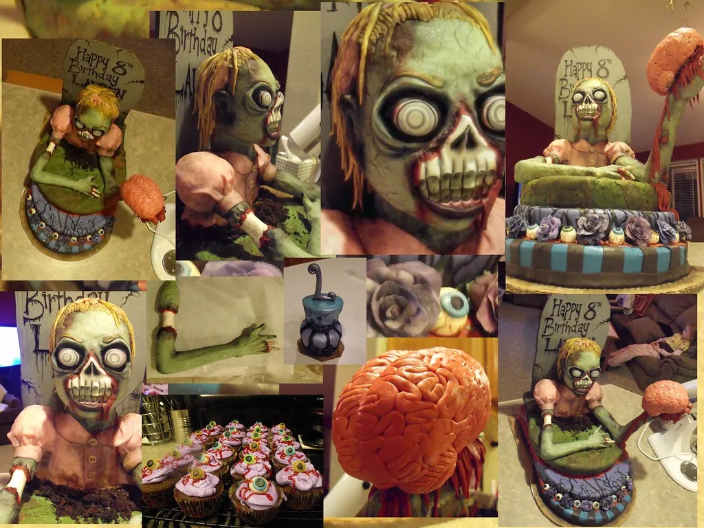 Zombie-themed cake with cupcakes and decorations.