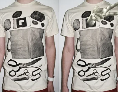 Graphic t-shirt design featuring a collage of tools and objects.