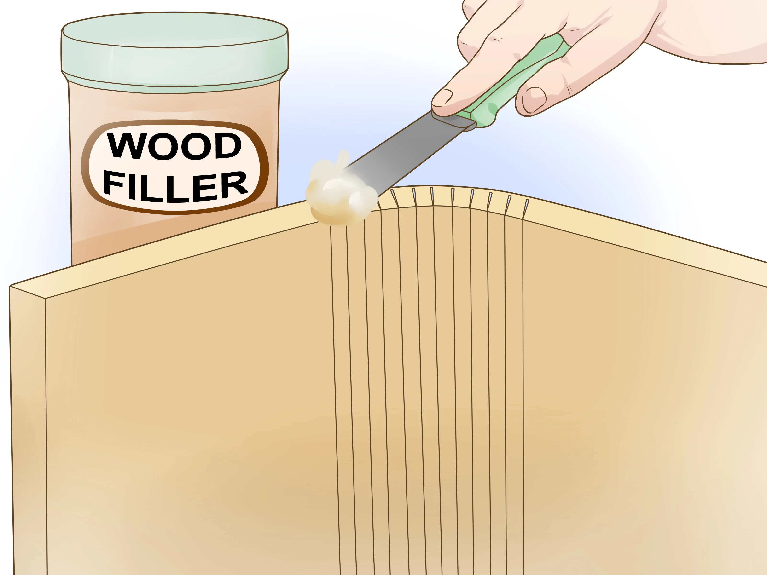Applying wood filler to a wooden surface.
