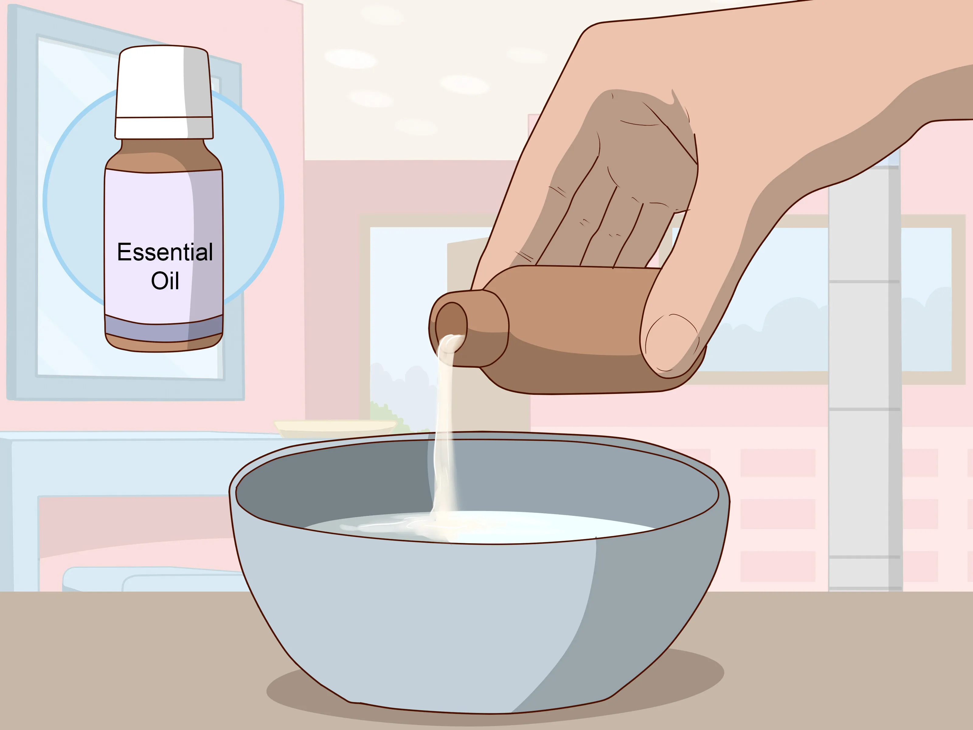 Hand pouring essential oil into a bowl of liquid.