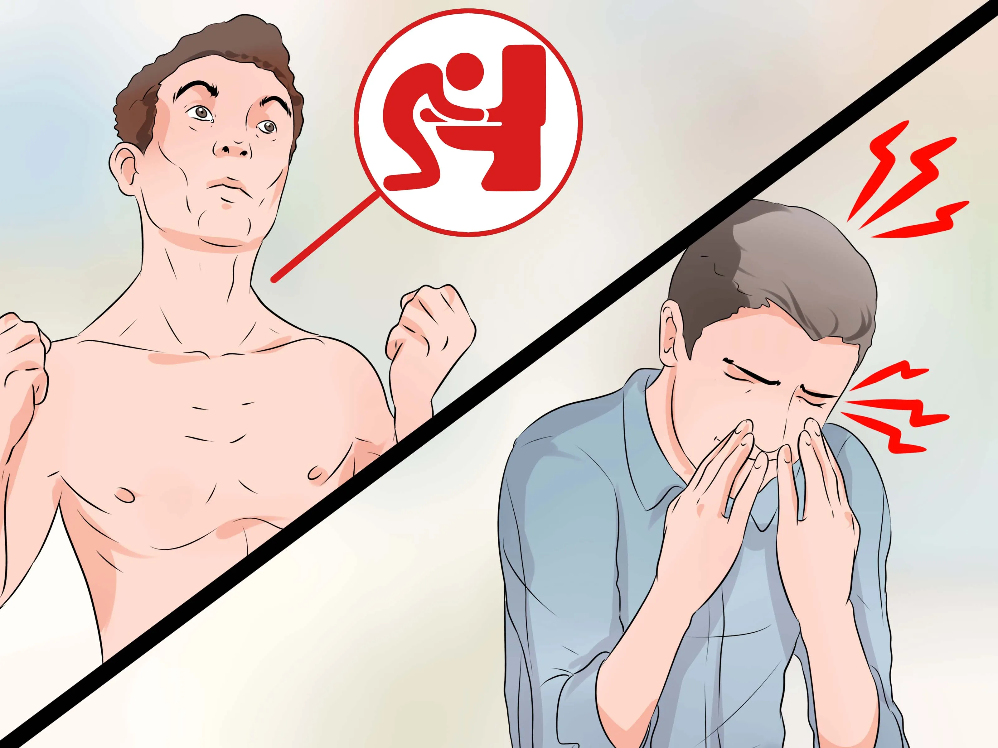 A split image contrasting a confident man flexing his muscles and a distressed man holding his face in frustration.