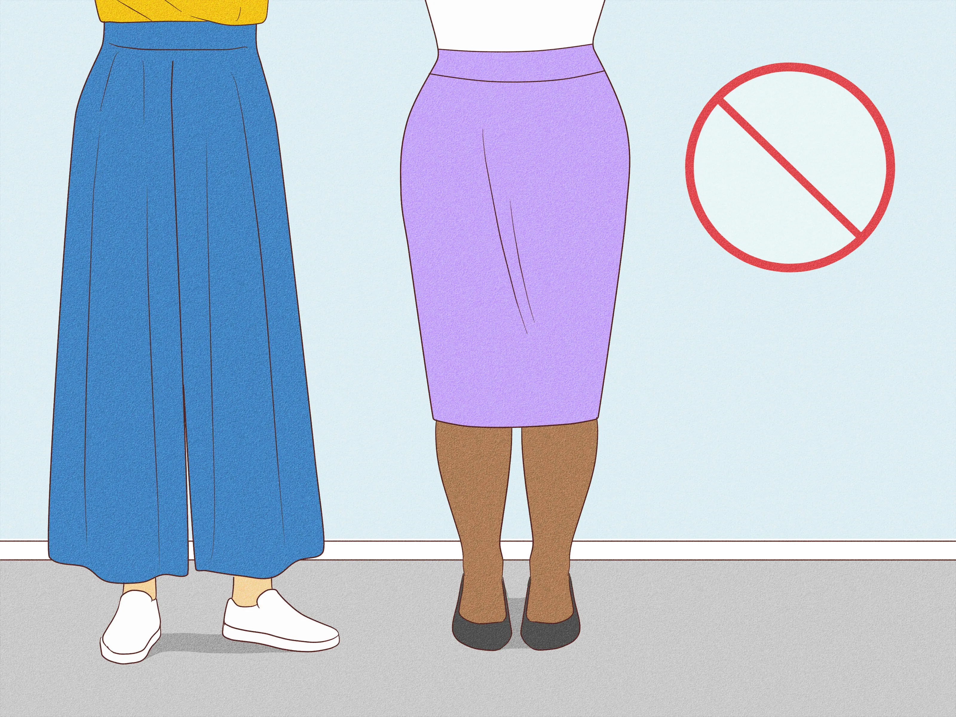 Image of two individuals wearing different types of skirts with a "no" symbol in the background.