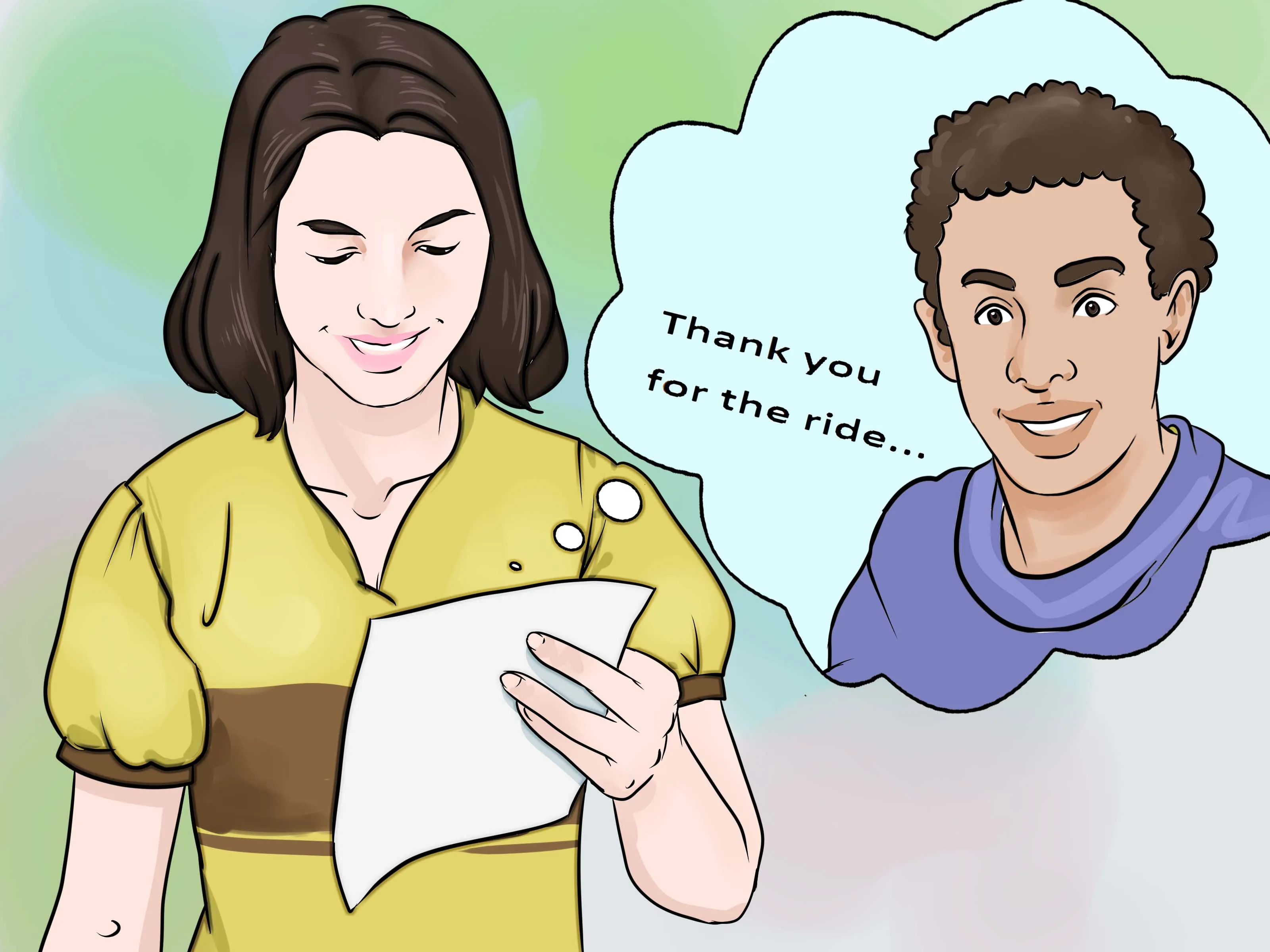 A person reading a note with a thought bubble expressing gratitude for a ride.