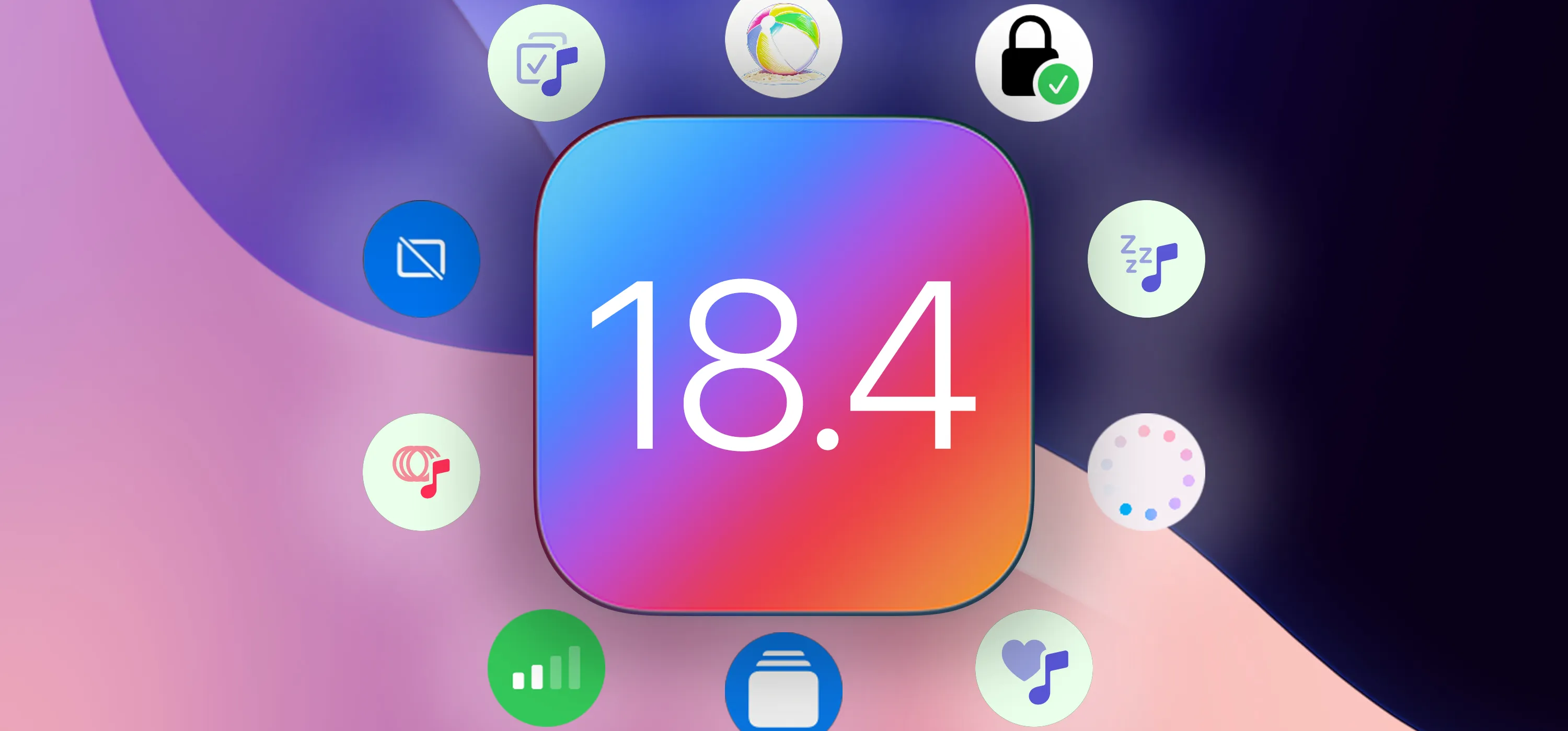 A simulated iOS 18.4 logo with some of the new features appearing around it.