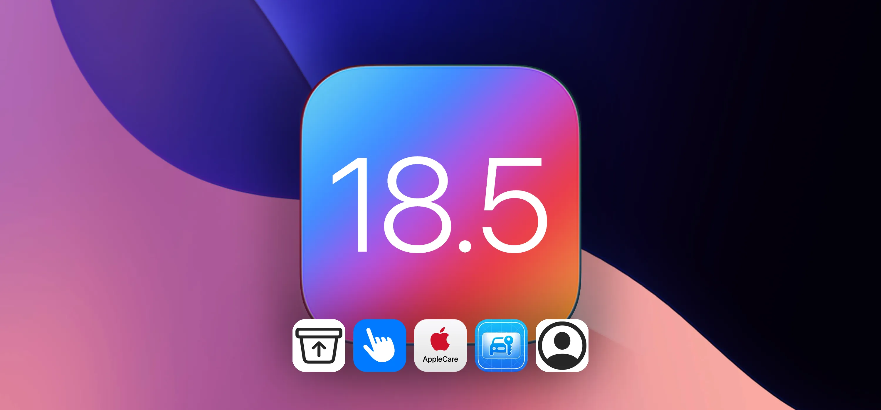 Rounded square icon with a gradient background and bold white “18.5” text, representing iOS 18.5 on a colorful abstract background. Feature icons appear overlayed. With some icons for new features overlayed.