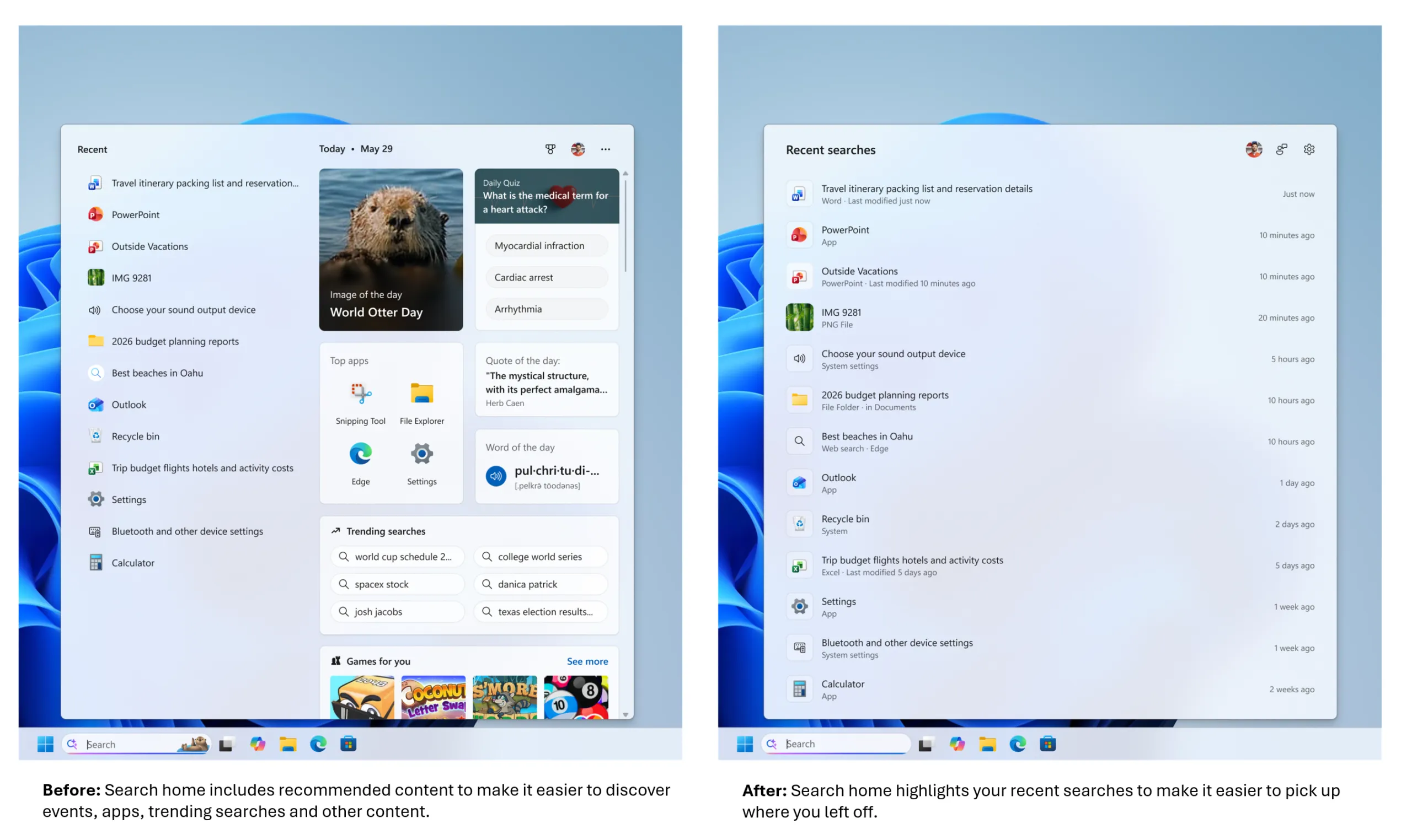 Side-by-side comparison of the old and redesigned Windows 11 Search home, showing recommended content and trending searches removed in favor of a cleaner recent-searches list