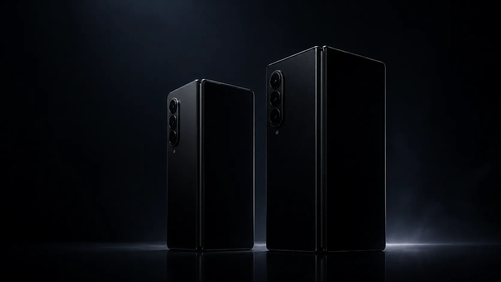 Two dark, partially open foldable smartphone silhouettes stand on a reflective surface against a moody black-and-blue studio background