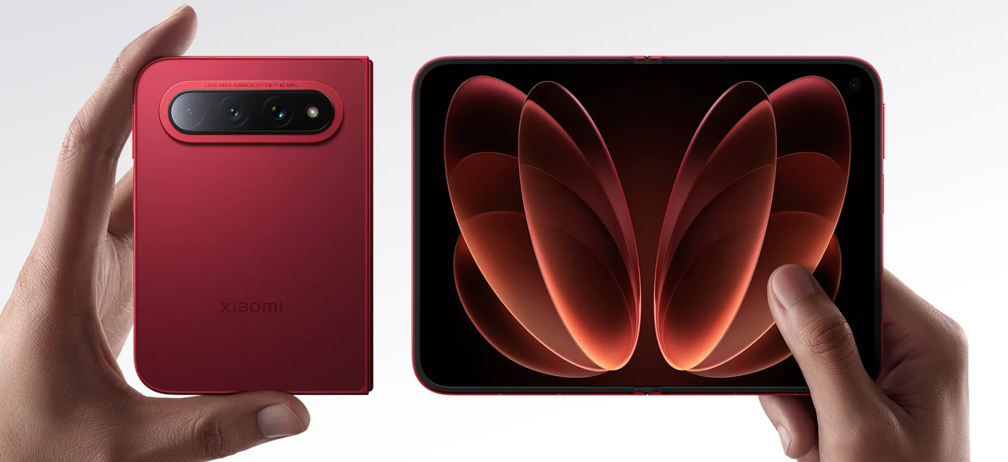 Xiaomi 18 Fold shown closed and unfolded in red, highlighting its wide inner display and Leica camera system