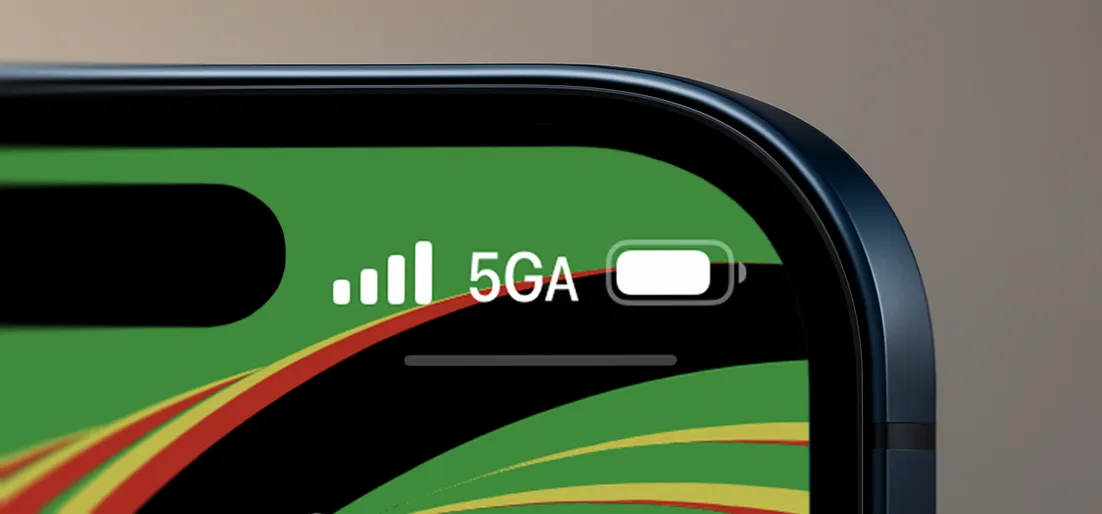 Close-up of an iPhone’s status bar showing full signal strength and “5GA” for 5G Advanced mobile connectivity.