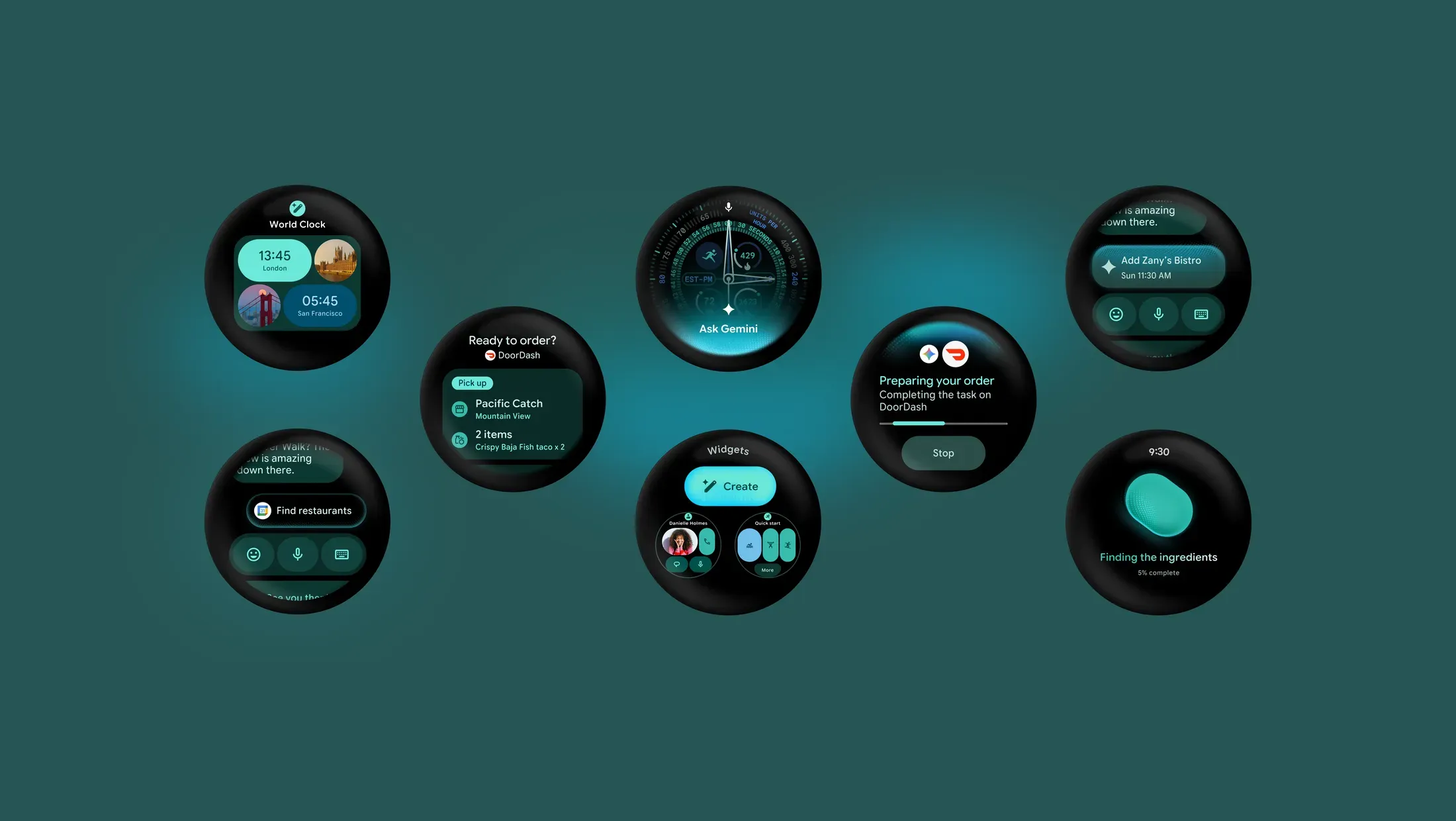 Wear OS 7 interface previews showing Gemini, widgets, Live Updates, and app actions on multiple Pixel Watch screens