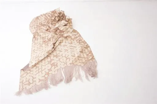 Lace scarf with fringe detail on a white background.