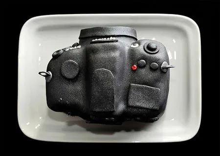 Camera-shaped cake on a white plate.