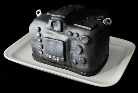 Camera-shaped cake on a plate.