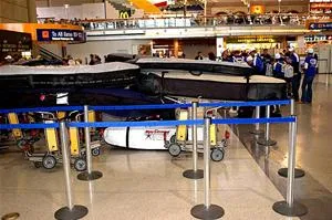 Baggage claim area in an airport with luggage trolleys and a crowd of travelers.