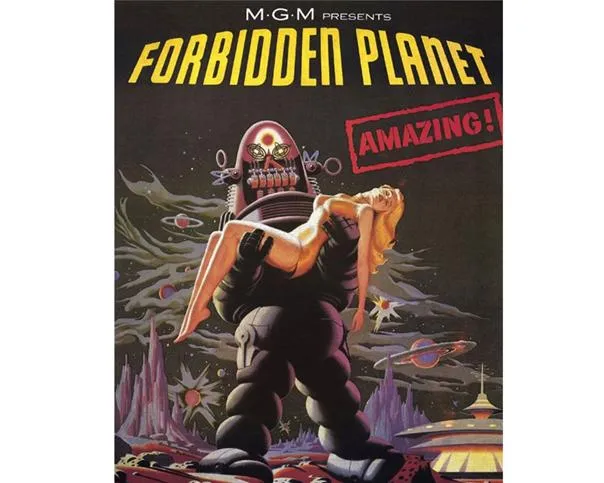 Vintage movie poster for "Forbidden Planet" featuring a large robot holding a woman, set against a colorful sci-fi background.