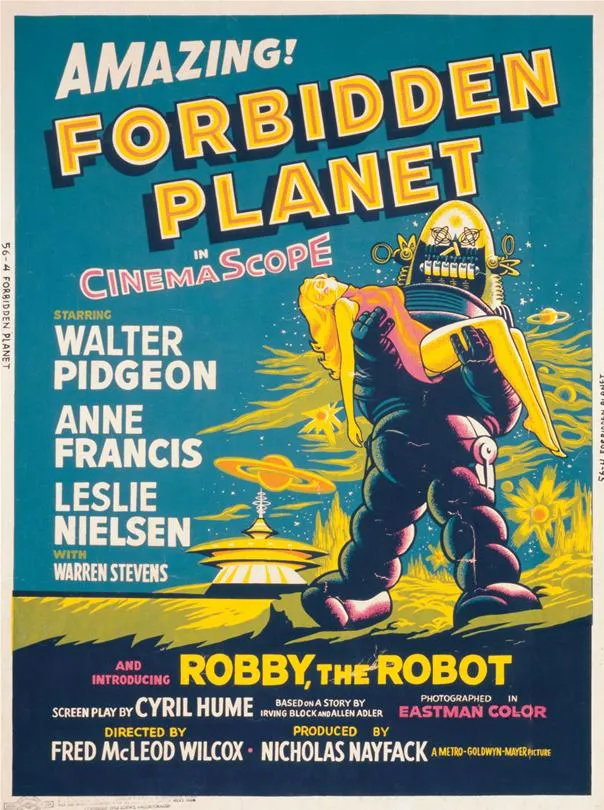 Classic movie poster for "Forbidden Planet" featuring Robby the Robot.