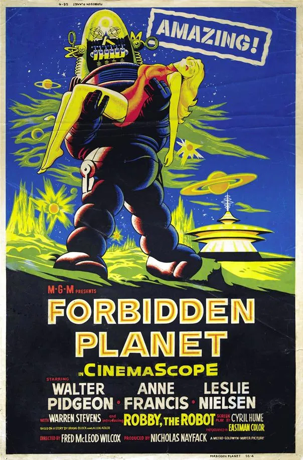 Vintage poster for the movie "Forbidden Planet" featuring a robot and a sci-fi landscape.