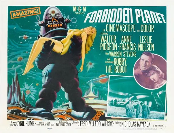 "Vintage movie poster for 'Forbidden Planet' featuring a robot and a woman in a science fiction setting."