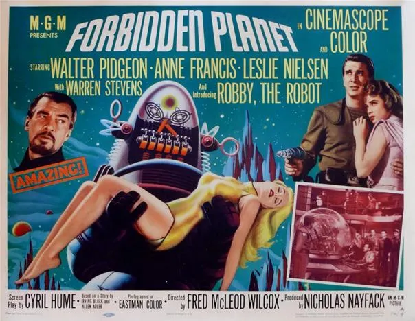 Movie poster for "Forbidden Planet" featuring a woman in a futuristic setting, a robot, and main cast names.