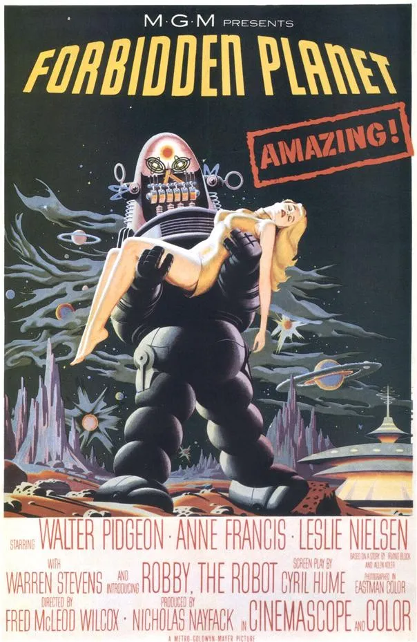 Alternative text: "Vintage movie poster for 'Forbidden Planet' featuring a robot and a science fiction theme."